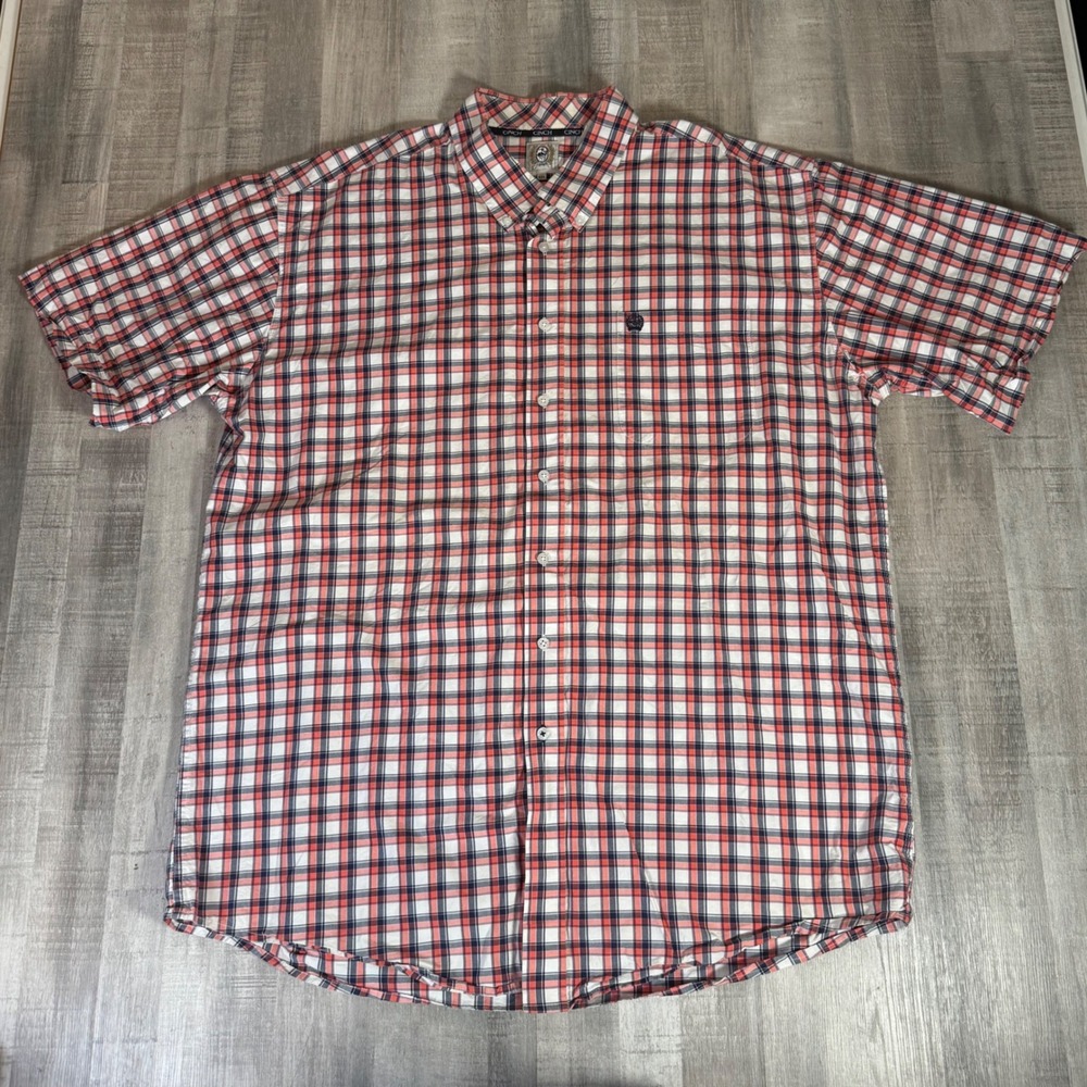 Cinch Mens XXL Orange Blue Plaid Short Sleeve Button Down Shirt Western Cowboy
